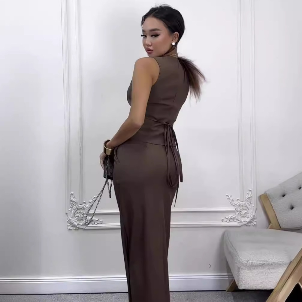 Women's Solid Color Sleeveless Vest & Skirt Suit