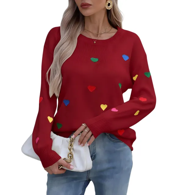 Love Jacquard Crew Neck Pullover Sweater Women Red - Shop at LoveMi