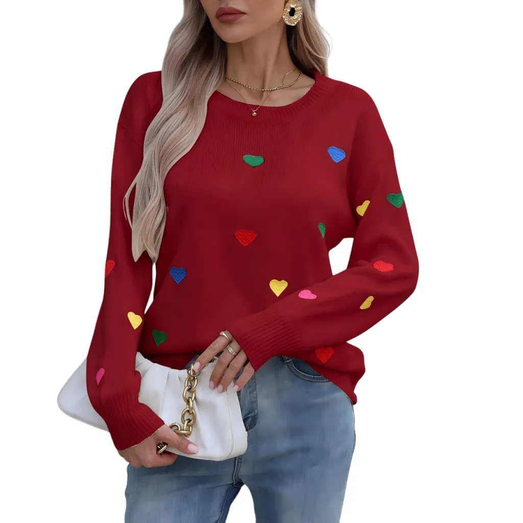 Love Jacquard Crew Neck Pullover Sweater Women - Red