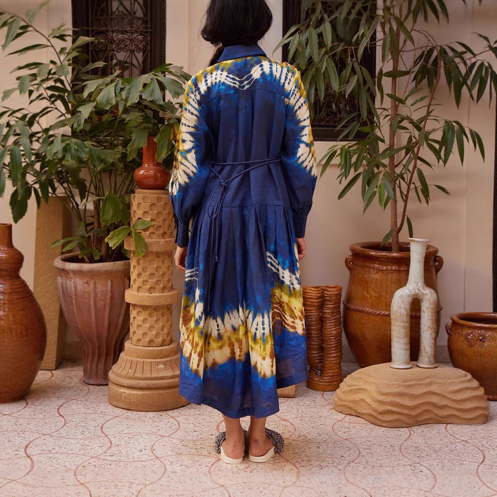 Elegant linen printed dress for women (blue-s)