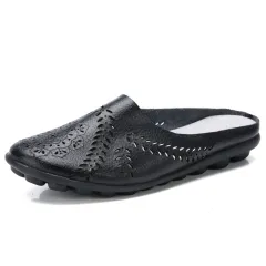 Plus-size Summer Cowhide Peep-toe Half Slippers For Women - Black - View 1