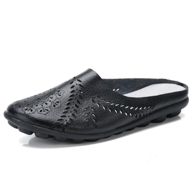 Plus size Summer Cowhide Peep toe Half Slippers For Women Black - Shop at LoveMi