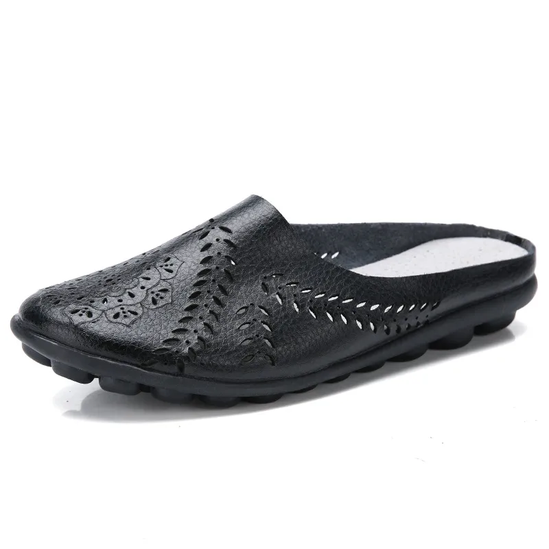 Plus-size Summer Cowhide Peep-toe Half Slippers For Women - Black