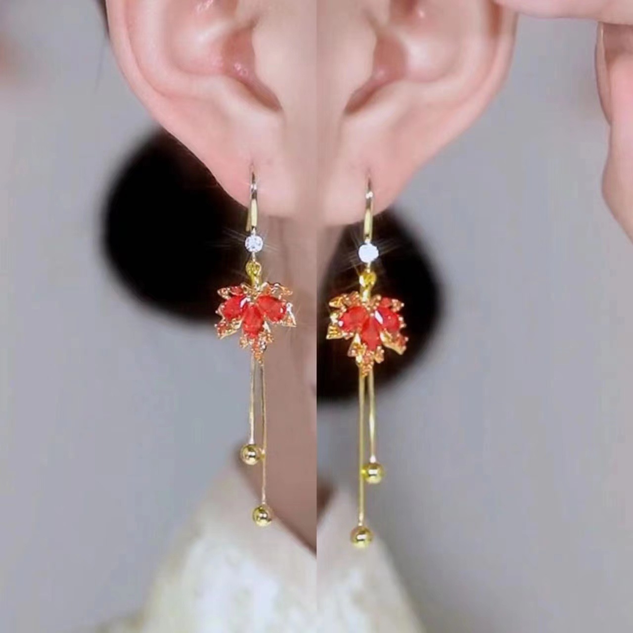 Red Maple Leaf Earrings Women's New Fashionable High-grade Silver Needle Retro Minority Simple