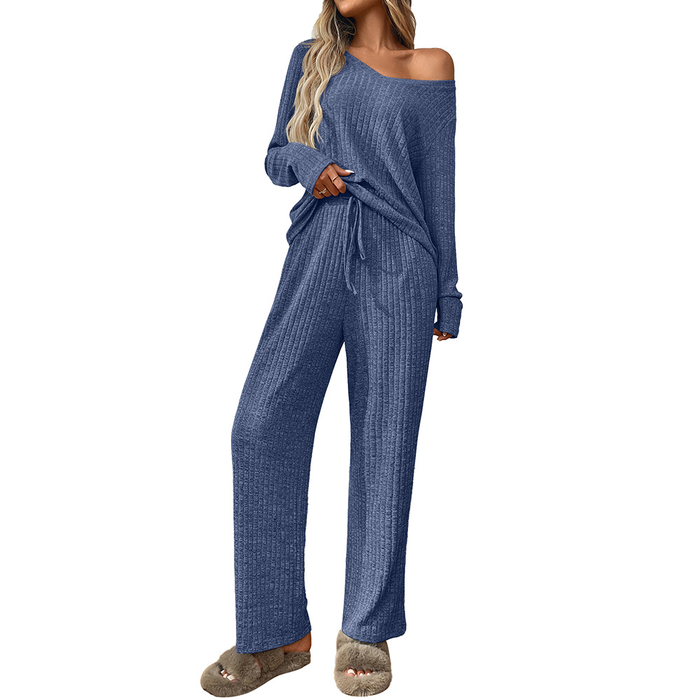 Sunken Stripe Pajamas Round Neck Long Sleeve Trousers Homewear Suit