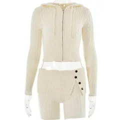 Sweater Knitted Hooded Top Shorts Long Sleeve Two-piece Set - White - View 1