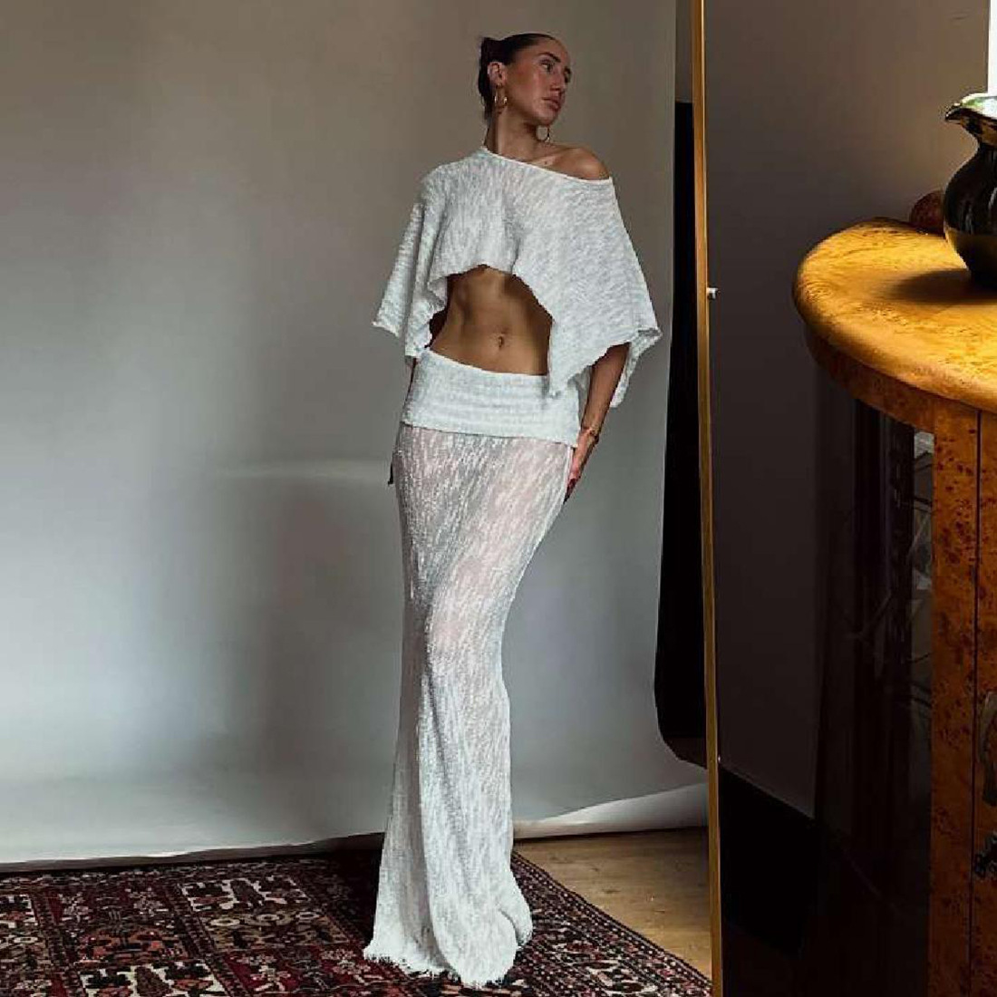 Womens Fashion Solid-Color Crew-Neck Waistcoat Blouse And Skirt Set