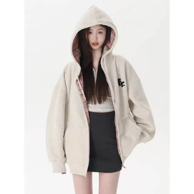 Patchwork Lining Checked Cloth Hooded Sweater Women's Long sleeved Coat Regular Style - Shop at LoveMi
