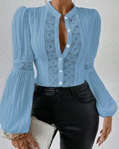 Women's Solid-Colour Stand-Collar Shirt With Lace Panels Puff Sleeves - Blue - View 1