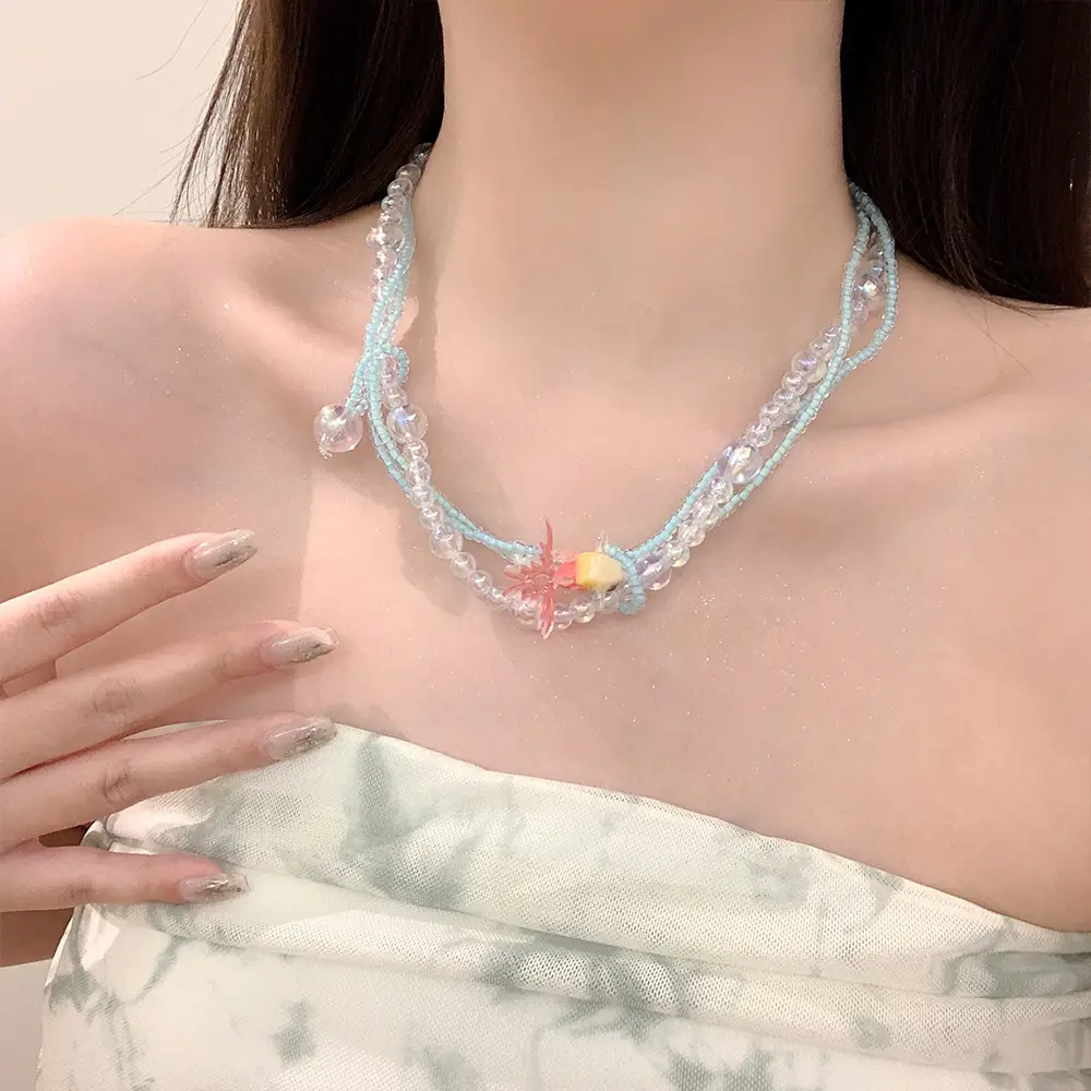 Vintage Goldfish Crystal Bubble Beaded Multi-layer Twin Necklace