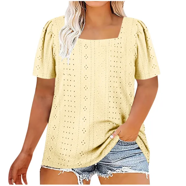 Casual U neck Solid Color Hollow Loose fitting T shirt Top Yellow - Shop at LoveMi