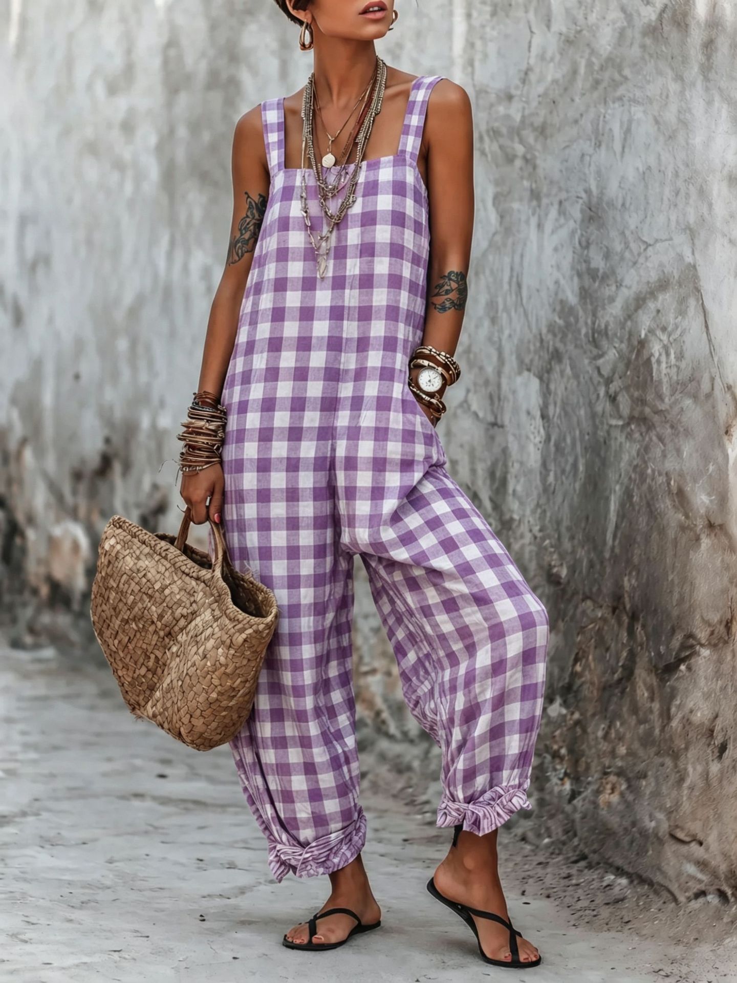 Linen blend sleeveless high-waist wide-leg overalls jumpsuit Pink colorway – women's boho casual summer outfit