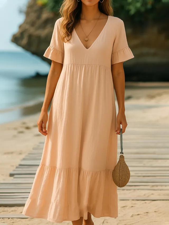 V neck Solid Color Multicolor Women's Stitching Dress Orange - Shop at LoveMi