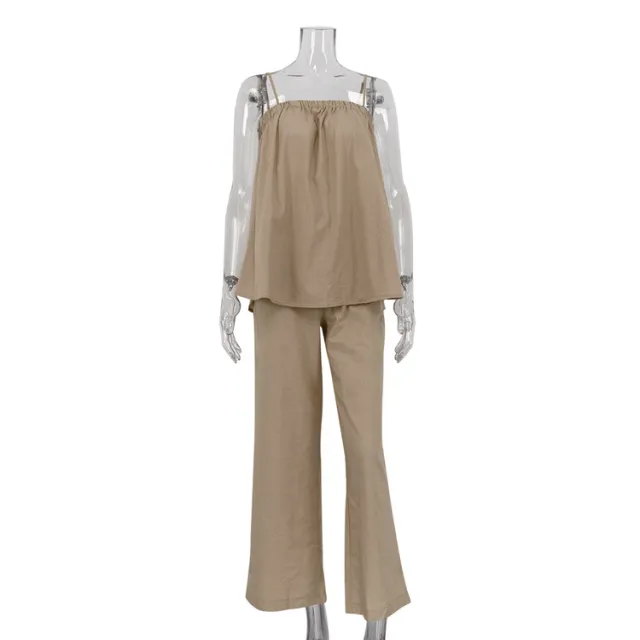 Puffy Camisole Wide leg Pants Suit Khaki - Shop at LoveMi