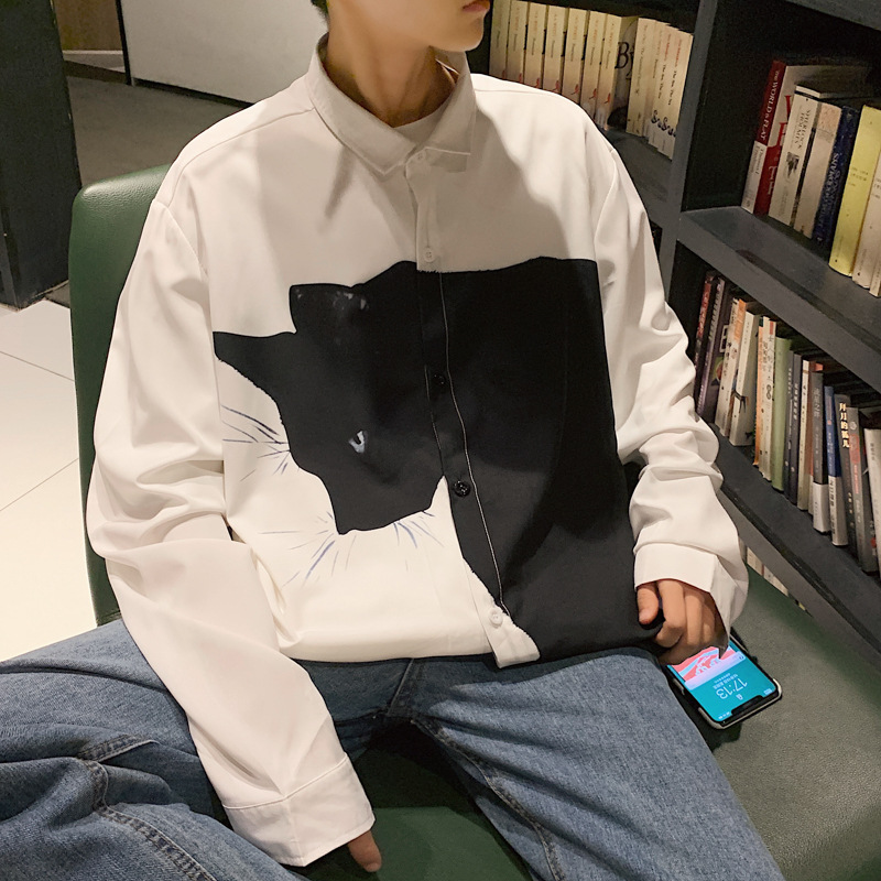 Men's Long Sleeve Loose Plus Size Casual Handsome Cartoon Stitching Shirt