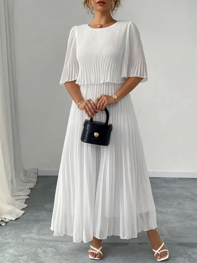 Chiffon A line Skirt With Pleated Round Neck Long Sleeve Lightweight Solid Color Set White - Shop at LoveMi