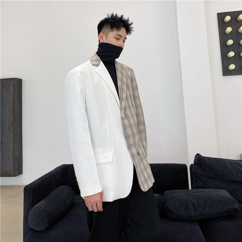 Men's Color-block Plaid Two-button Suit Jacket