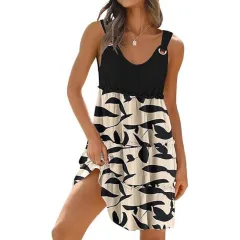 Vacation Swimsuit Smock Bohemian Floral Beach Dress - Flower Leaves - View 1