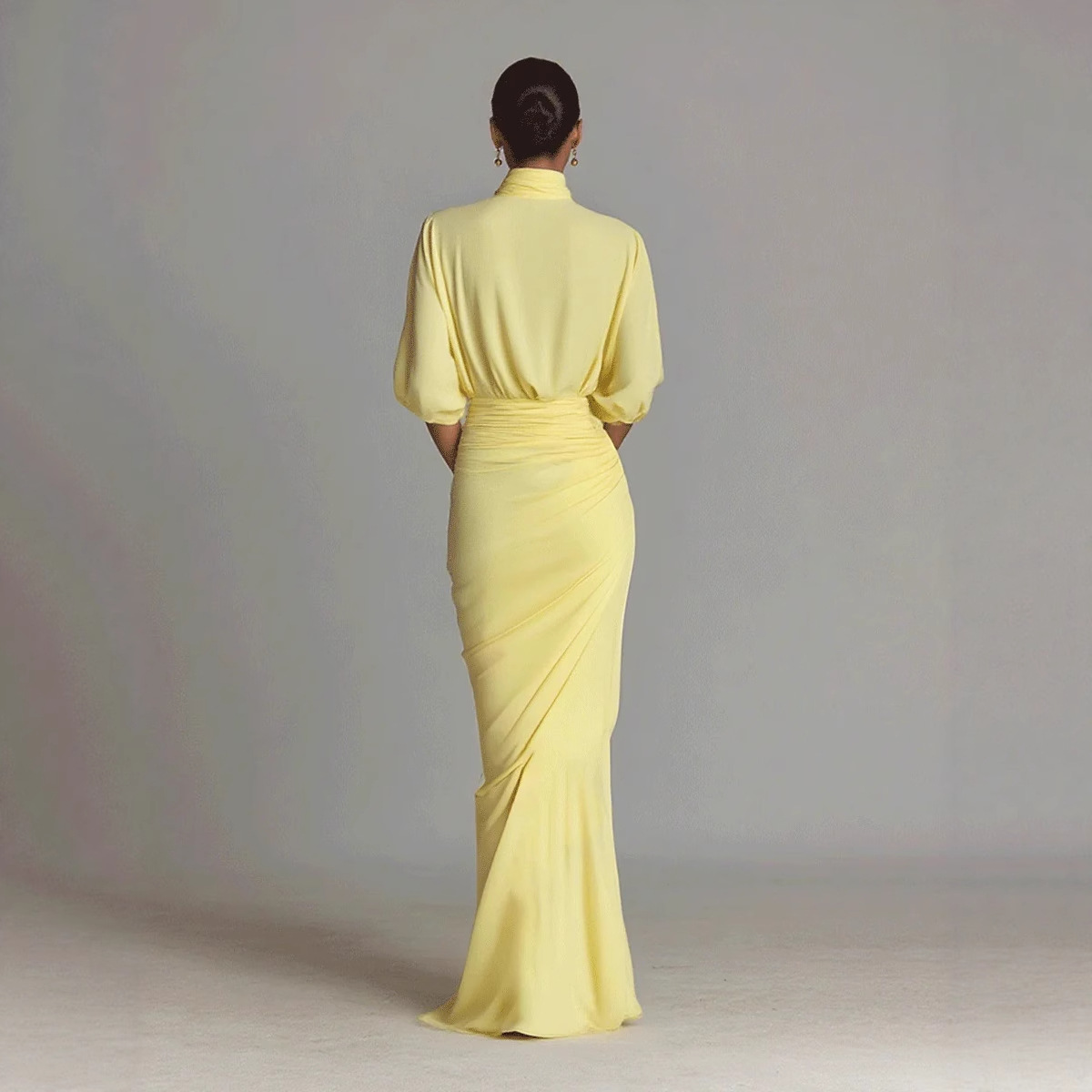 Elegant Yellow Pleated Waist-cinched Dress High-neck Long Dress