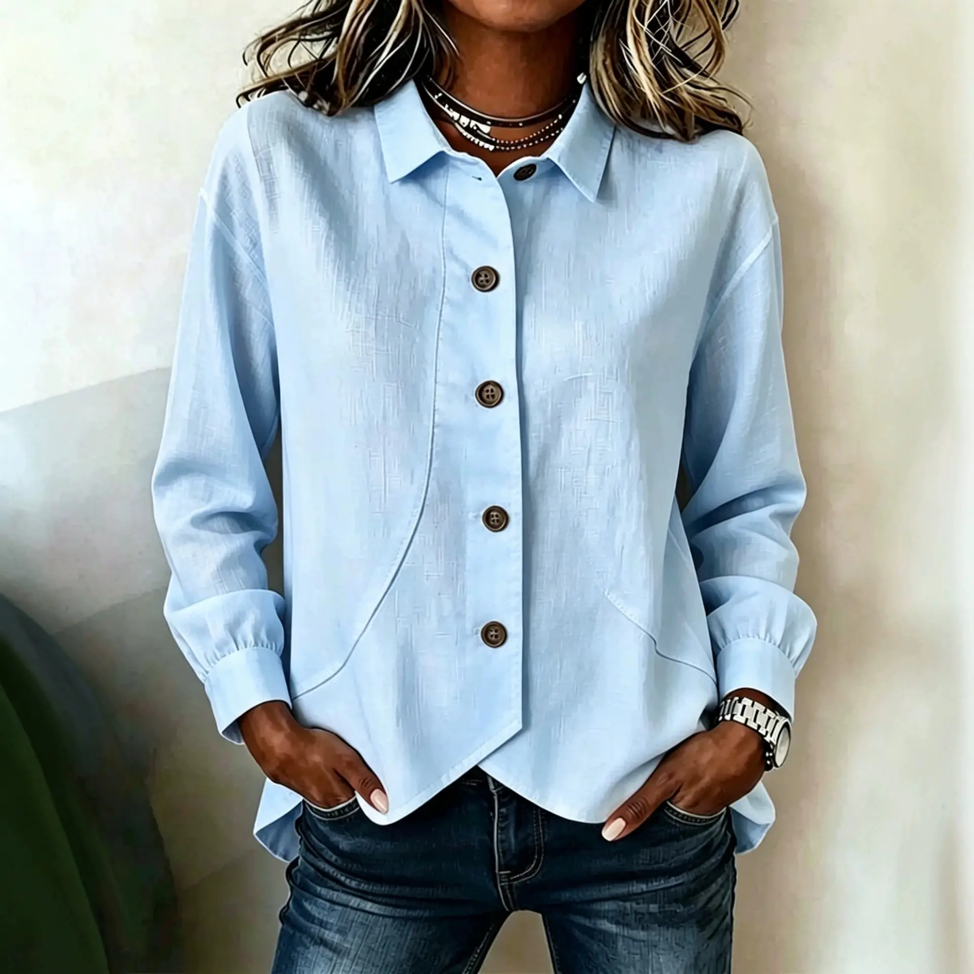 Womens Solid-color Long-sleeve Casual Asymmetrical Blouse
