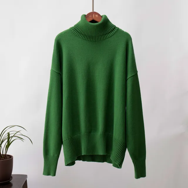 Women's Fashionable All match Solid Color Turtleneck Sweater Dark Green - Shop at LoveMi