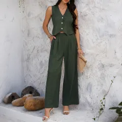 Holiday Vest Wide Leg Trousers Suit - Army Green - View 1