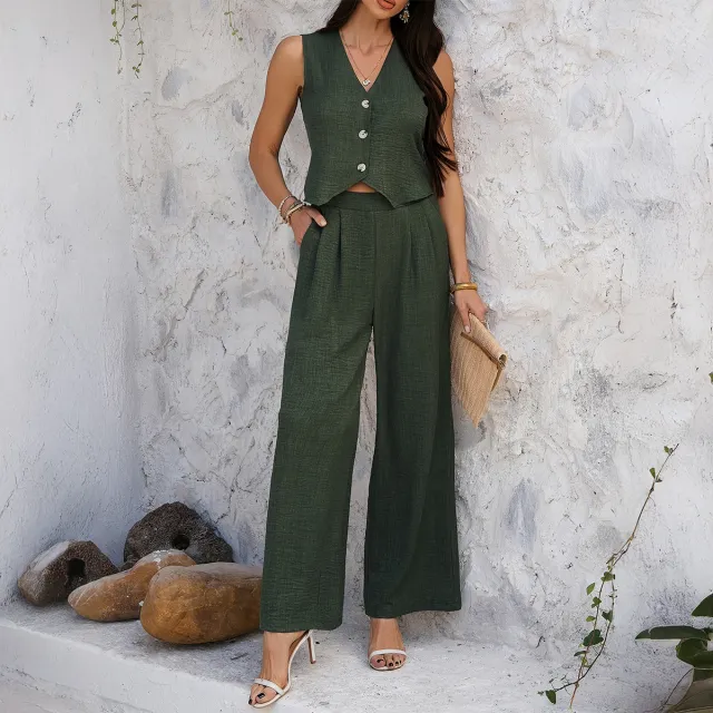Holiday Vest Wide Leg Trousers Suit Army Green - Shop at LoveMi