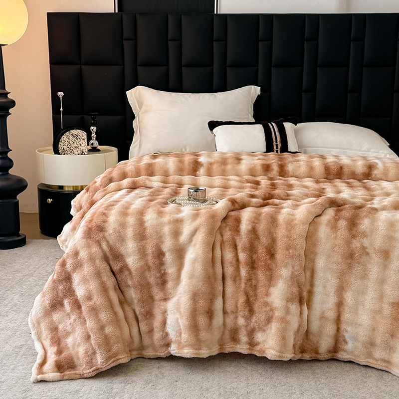 Rabbit-fur-like Plush Bubble Flannel Blanket With Printed Designperfect For Naps And As A Throw