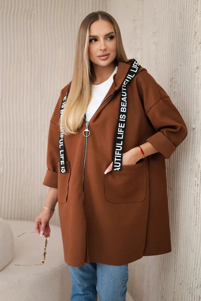 Hooded Sports Women's Large Size Long Sleeve Zipper Woolen Coat Brown - Shop at LoveMi