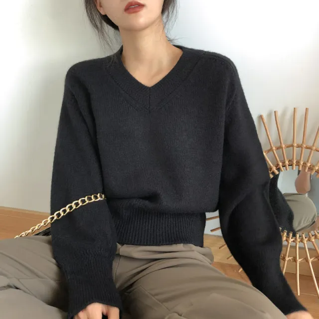 Winter Thermal Bottoming Shirt Solid Color Soft Glutinous V neck Sweater For Women Black - Shop at LoveMi