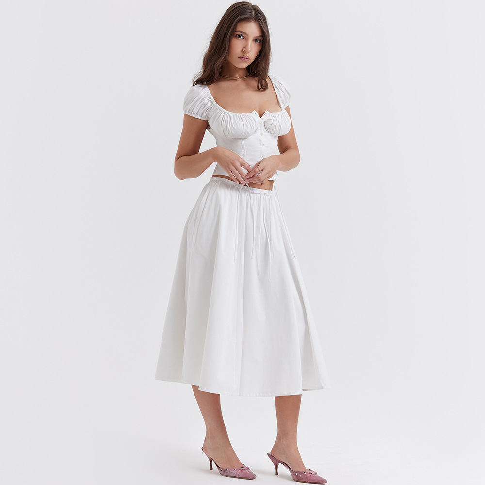 Square Collar Puff Sleeve Short Midriff-baring Top Skirt Suit