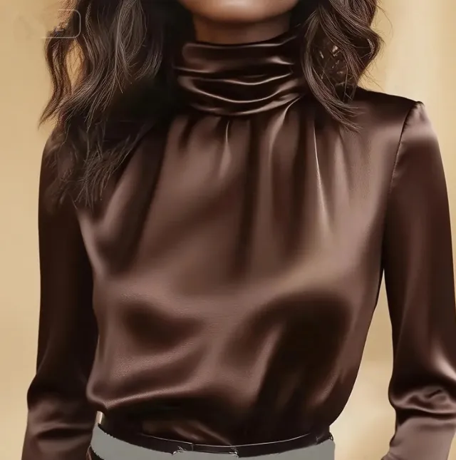 New Womens Simple Retro Turtleneck Solid Color Long Sleeve Shirt Brown - Shop at LoveMi