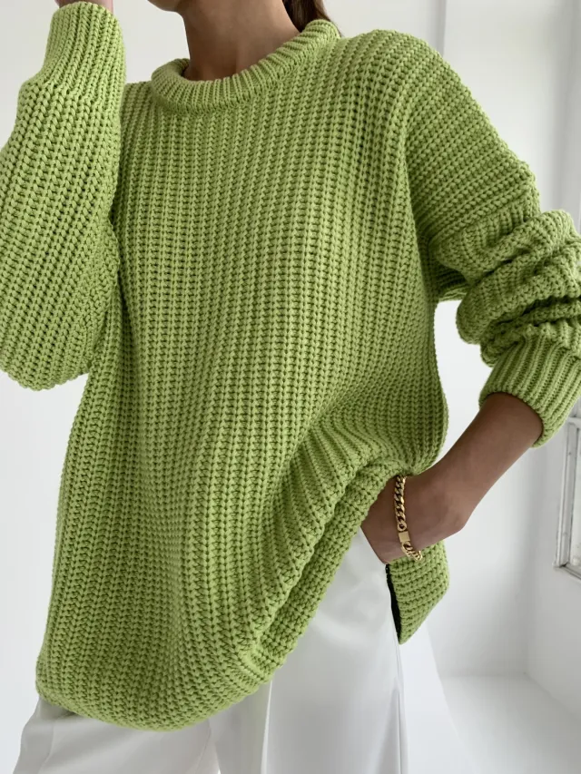 Sweater Round Neck Loose Solid Color Sweater Yellow - Shop at LoveMi