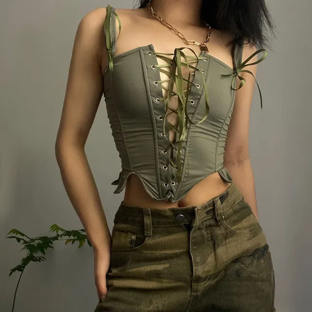 Women's Summer European And American Chest flattering Slim fit Lace Up Fishbone Camisole Green - Shop at LoveMi