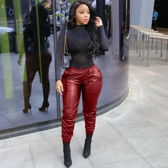 Basic Women's All match PU Leather Pants Wine Red - Shop at LoveMi