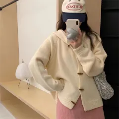 Hooded Sweater Coat Women's Unique Chic Design Is Extremely Beautiful Horn Button - Beige - View 1