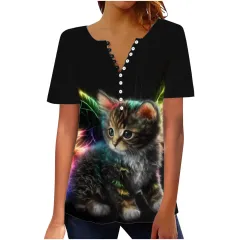 Women's Digital 3D Printed Pleated Round Neck T-shirt - Bddkzz018-M - View 1