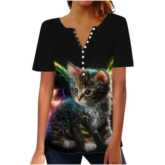 Women's Digital 3D Printed Pleated Round Neck T shirt Bddkzz018 M - Shop at LoveMi