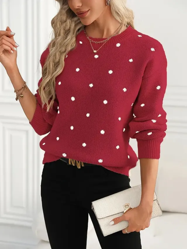 Fashion Round Neck Long Sleeve Pullover Sweater Polka Dot Print Knitwear Red - Shop at LoveMi