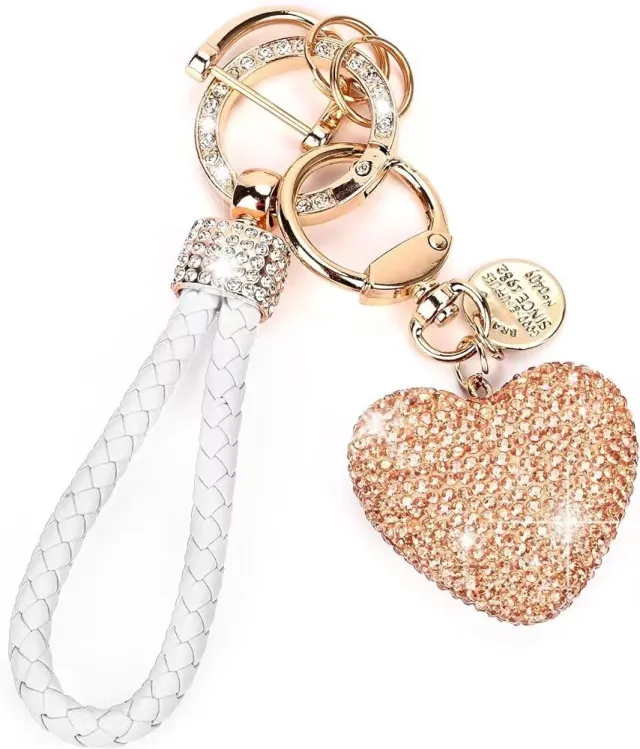 Clay Diamond Fully Jeweled Loving Heart Key Chain Diamond Leather Rope Champagne - Shop at LoveMi