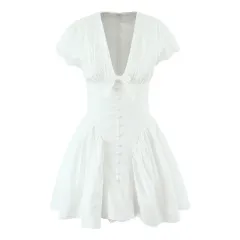 White Sweet Cute Lace Stitching Cotton Mini Dress - White - View 1