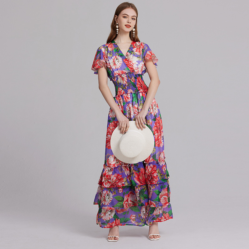 Printed V-Neck Flounce-Sleeve Maxi Dress, picture 2 of 5