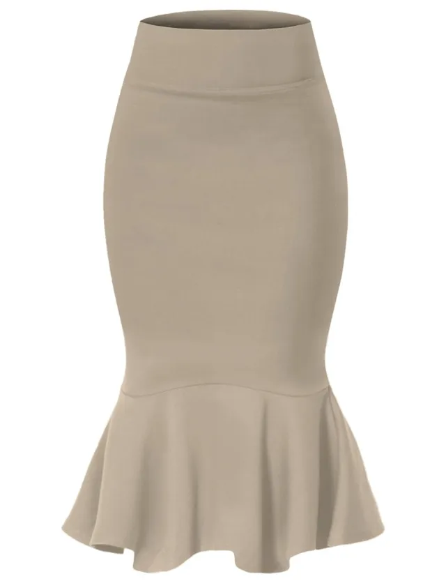 Womens Elegant Figure flattering High waisted Mermaid Skirt Khaki - Shop at LoveMi