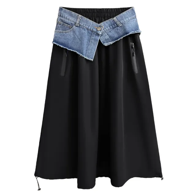 Women's American style Color Contrast Patchwork Denim Skirt Black - Shop at LoveMi