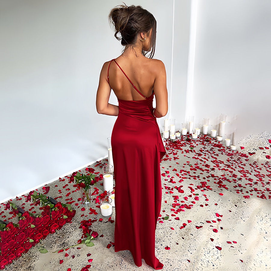 Women's Shoulder Slit Satin Dress Sleeveless Wine - Shop at LoveMi