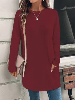 Women's Solid Color Long Sleeve Loose Round Neck Pocket Top T-shirt - Wine Red - View 1
