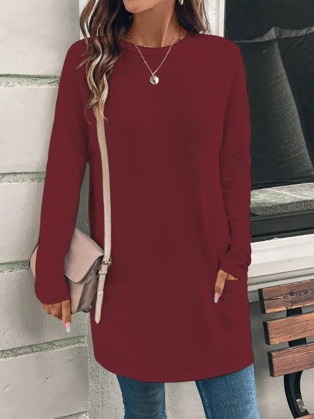 Women's Solid Color Long Sleeve Loose Round Neck Pocket Top T shirt Wine Red - Shop at LoveMi