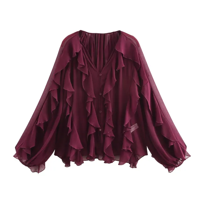 Women's Laminated Fashion V neck Long Sleeve Shirt Purplish Red - Shop at LoveMi