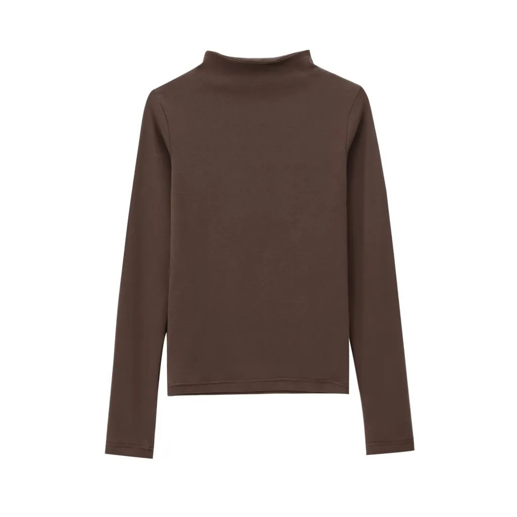 New Fall Women's Clothing Fashion All-match Simple Turtleneck Turtleneck T-shirt - Brown