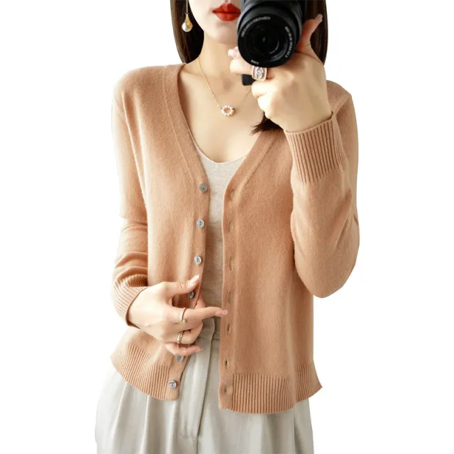 Women's Cardigan V neck All matching Sweater Outer Tops Long Sleeve Sweater Coat Caramel Color - Shop at LoveMi